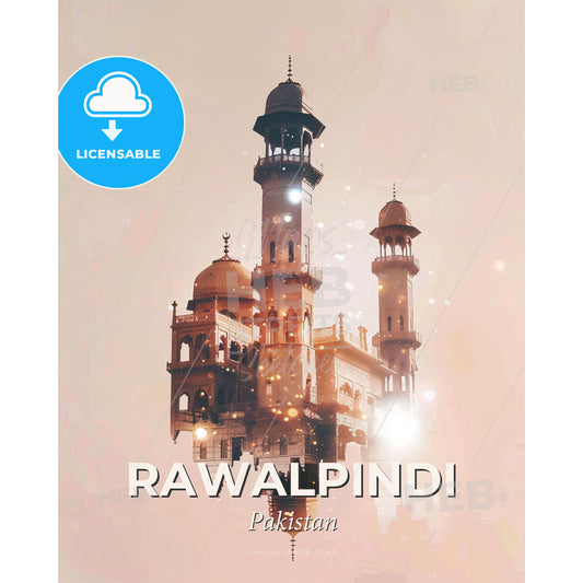Rawalpindi: Double Exposure Art City Skyline Icon Poster - A building with towers and a tower - Square format print template