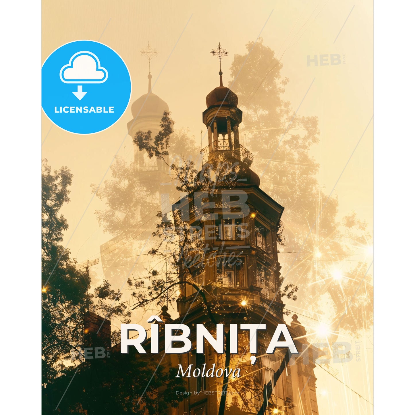 Rîbnița City Skyline Architecture Poster - A building with a tower and trees - Square format print template