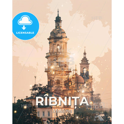 Ribnita, Moldova: City Canvas Symphony - A building with a tower - Square format print template