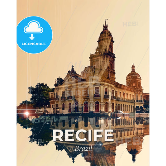 Recife Skyline Double Exposure Composite Art Poster - A building with a tower and a body of water - Square format print template