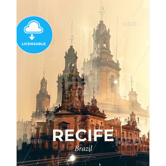 Recife City Double Exposure Skyline Poster - A building with towers and a building with a light in the background - Square format print template