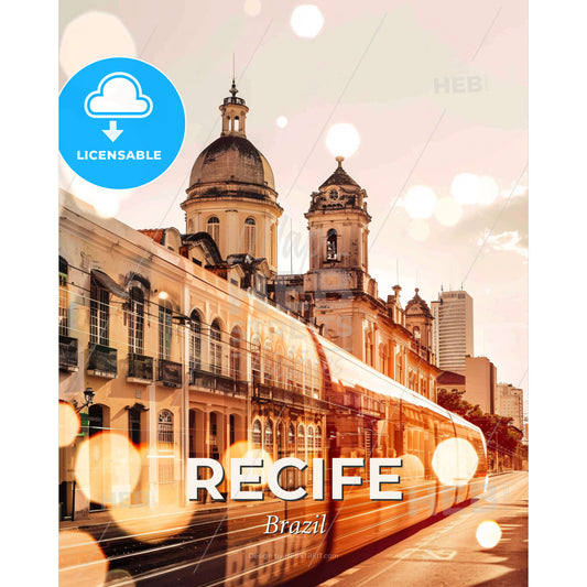 Recife City Skyline Double Exposure Composite Art - A train on a street - Square format print template