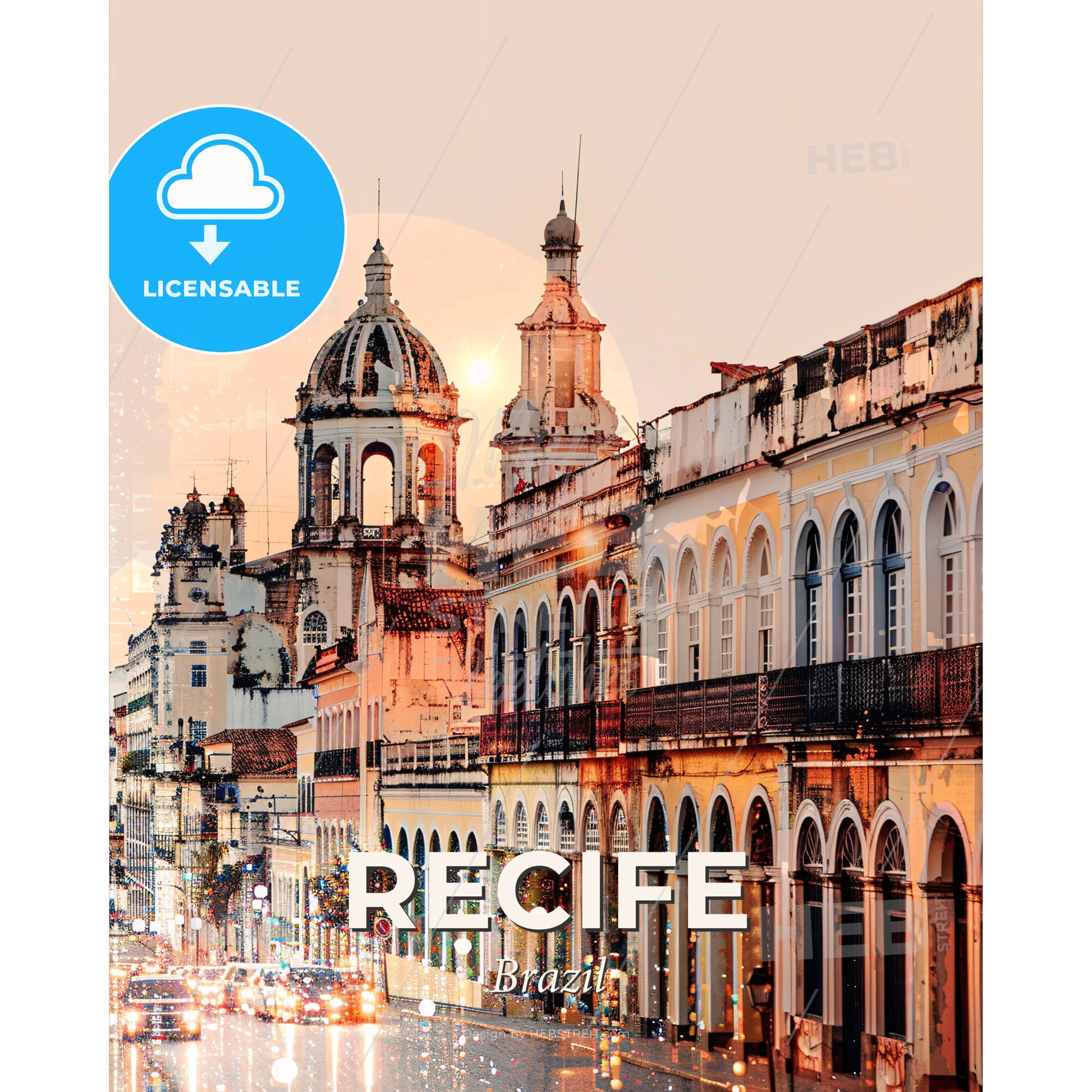 Recife Skyline Art: Local Icons on Beige - A group of buildings with a dome shaped roof - Square format print template