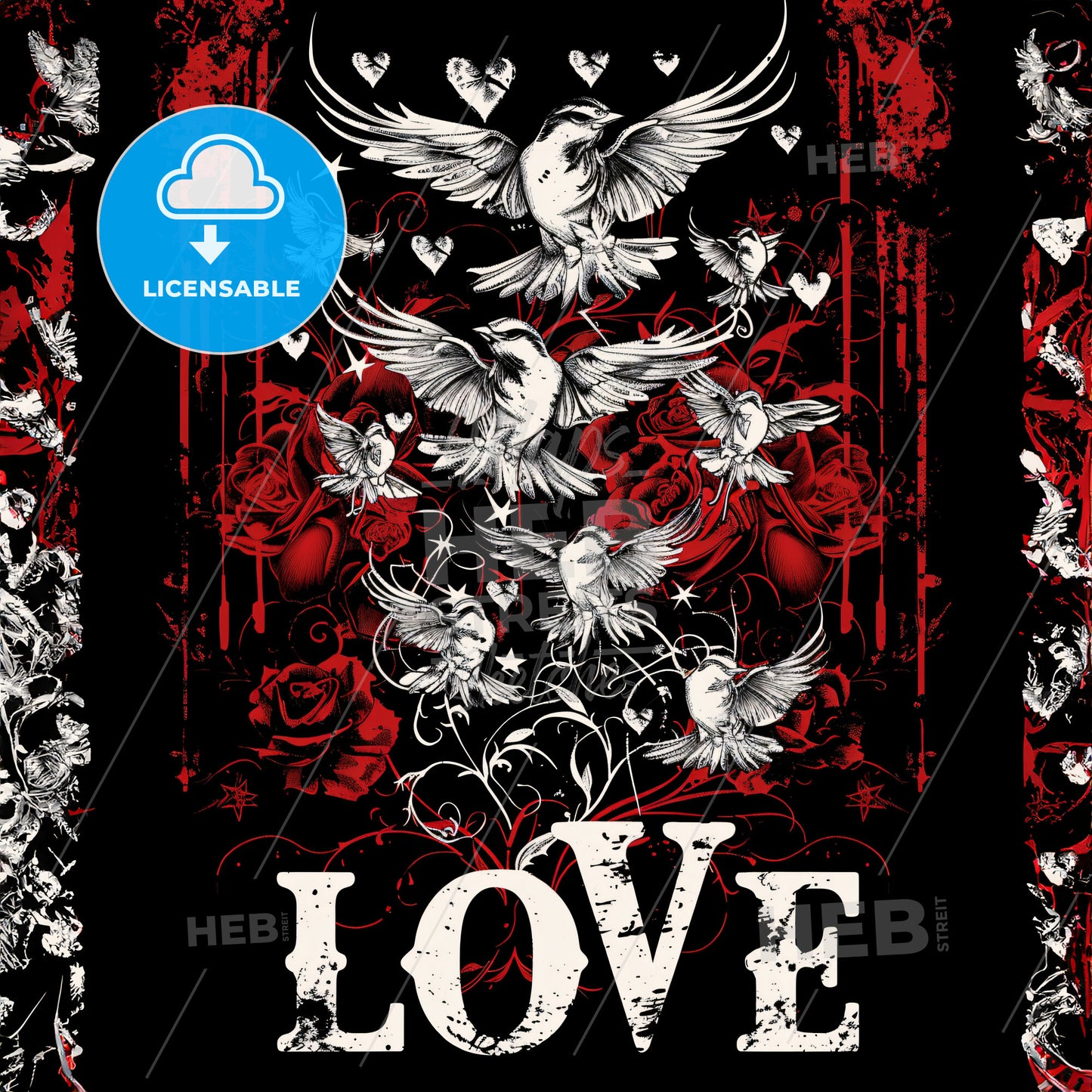 A Black And Red Background With White Birds And Flowers