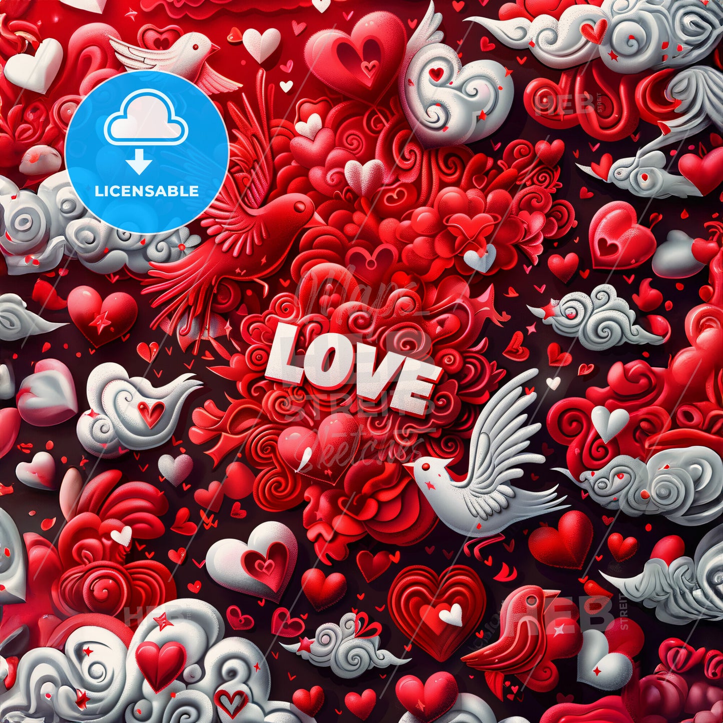 A Red And White Heart And Birds
