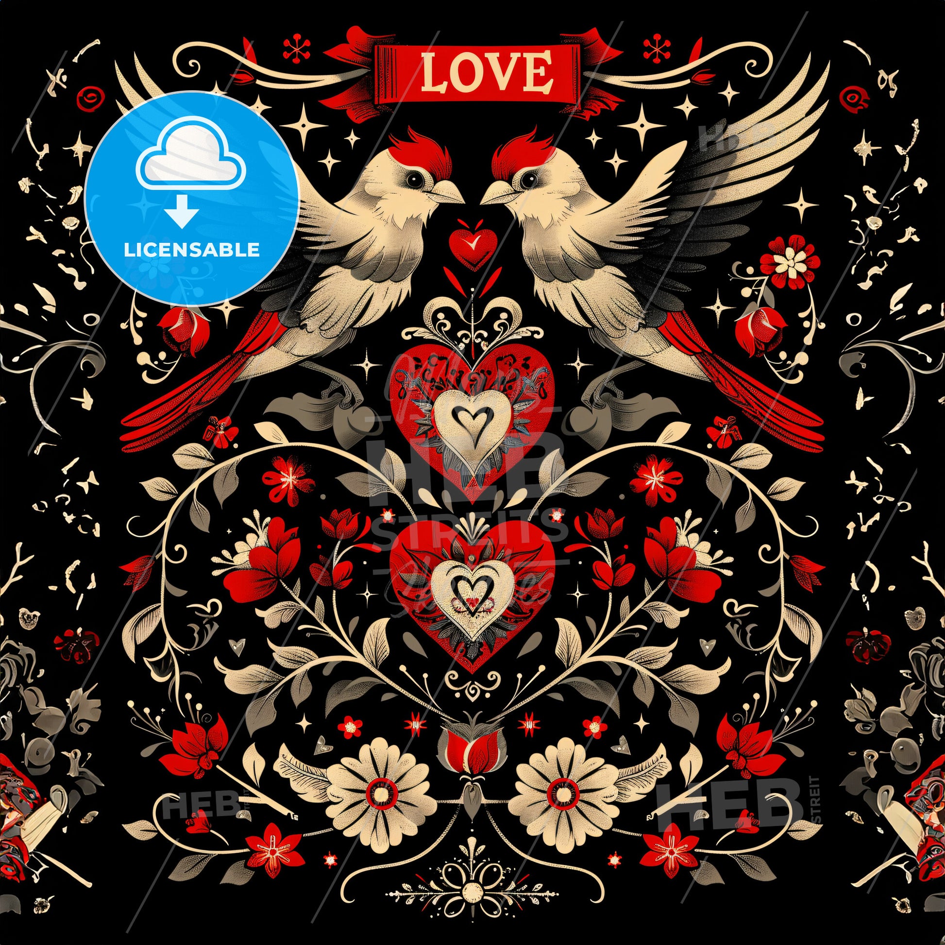 A Black And Red Floral Design With Birds And Hearts
