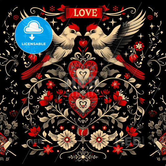 A Black And Red Floral Design With Birds And Hearts