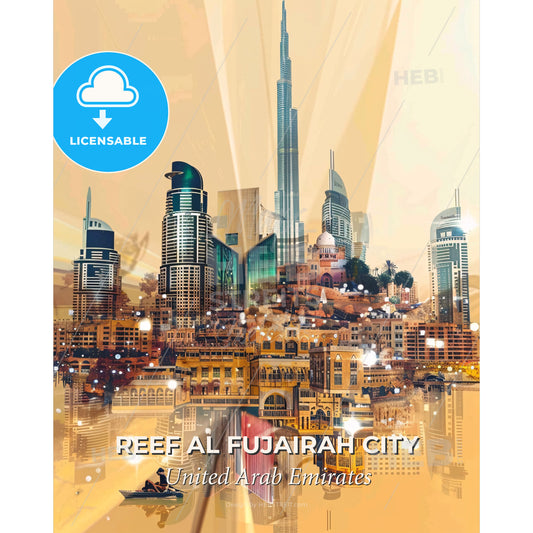 Reef Al Fujairah City Double Exposure Skyline Poster - A city with many buildings - Square format print template