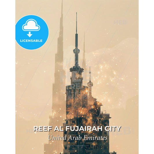 Reef Al Fujairah Majestic Cityscape Poster - A tall building with a pointy spire - Square format print template