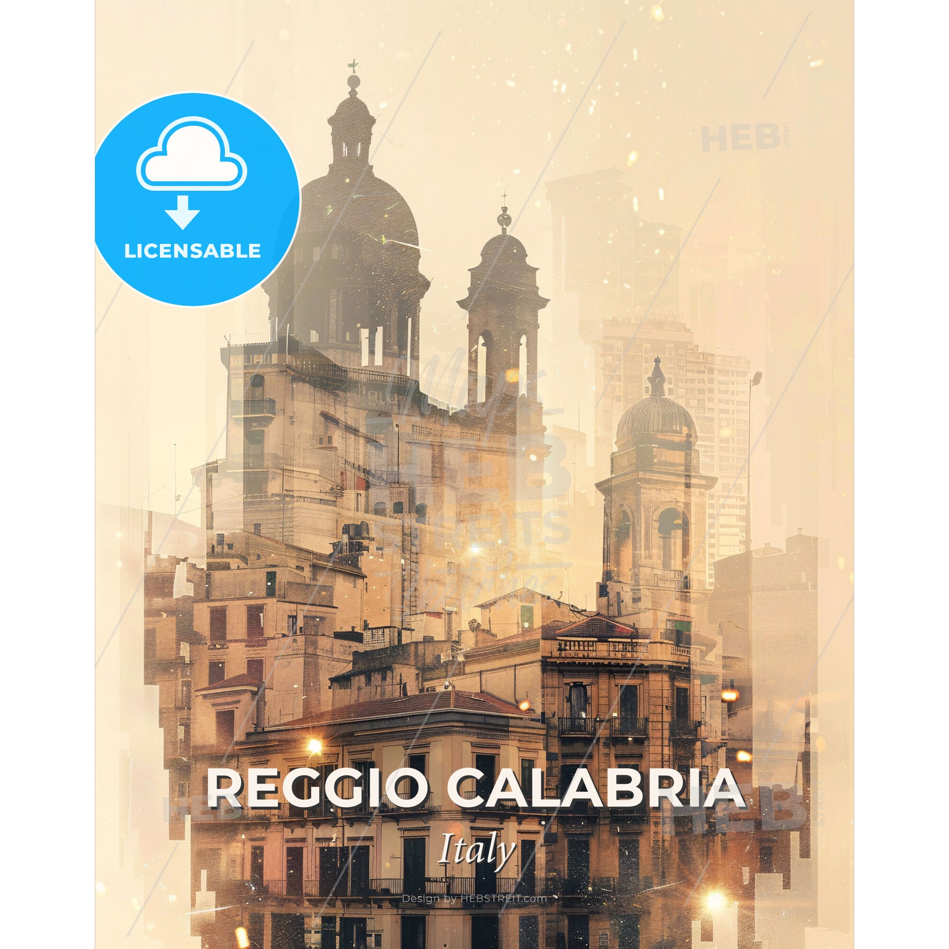 Reggio Calabria Iconic Skyline Double Exposure Poster Art - A city with many buildings - Square format print template