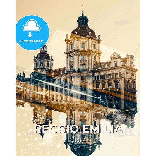 Reggio Emilia Cityscape Skyline Art with Sparkles - A building with a reflection - Square format print template