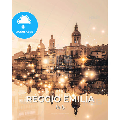 Reggio Emilia Doppelbelichtungs-Kunstposter-Design - A city with lights reflecting in water - Square format print template