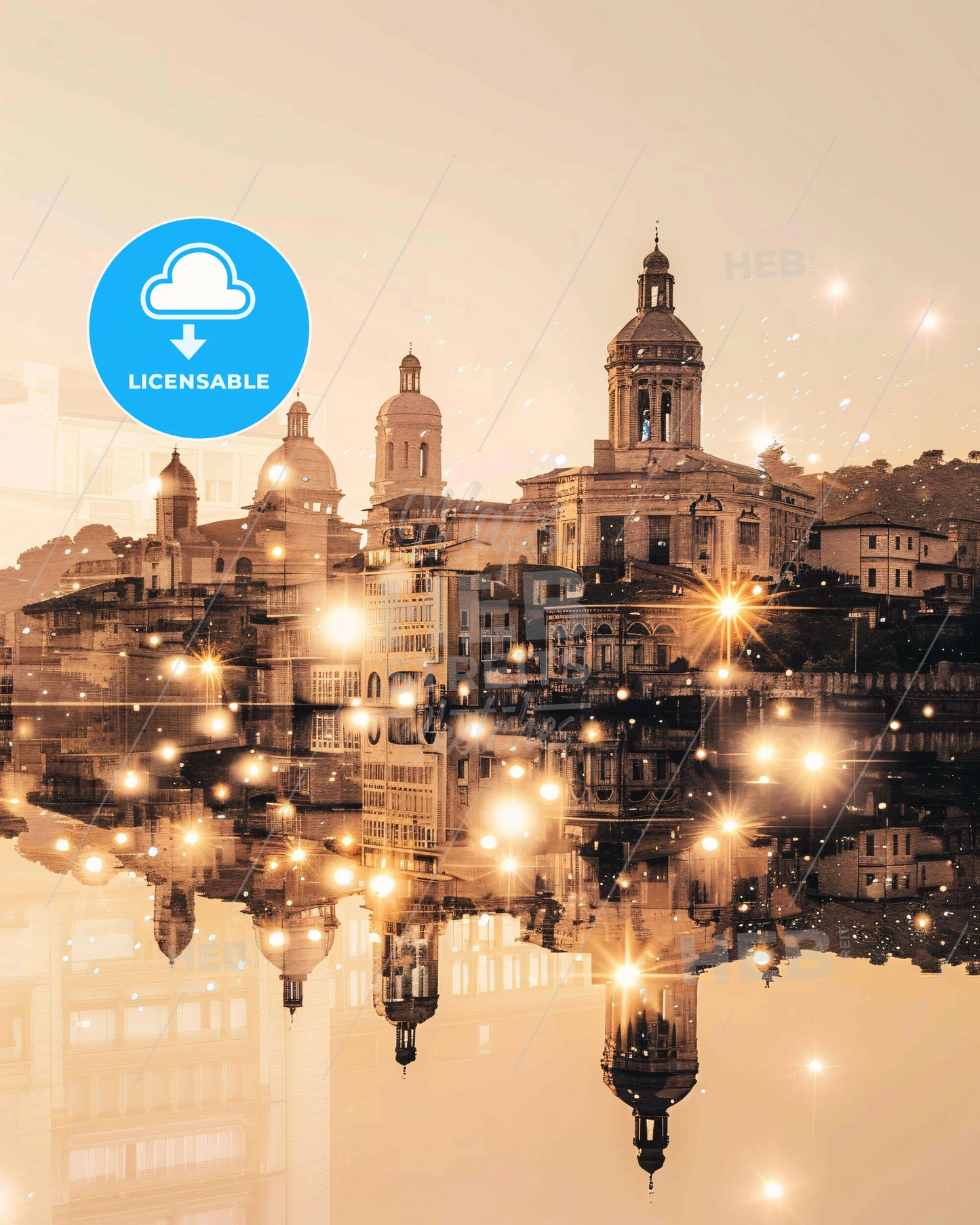 Reggio Emilia Doppelbelichtungs-Kunstposter-Design - A city with lights reflecting in water