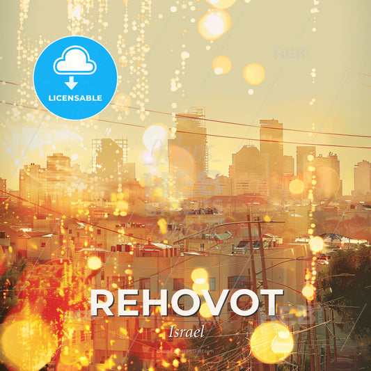 Rehovot Skyline Art: Architectural Icons - A city with lights and wires - Square format print template