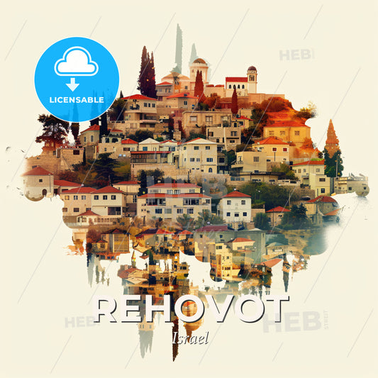 Rehovot Double Exposure Skyline Poster: City Beauty in Print - A group of buildings on a hill - Square format print template