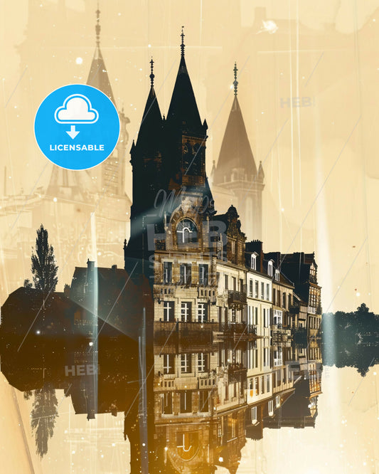 Reims France Composite Skyline Art Silhouette Poster - A building with towers and a clock