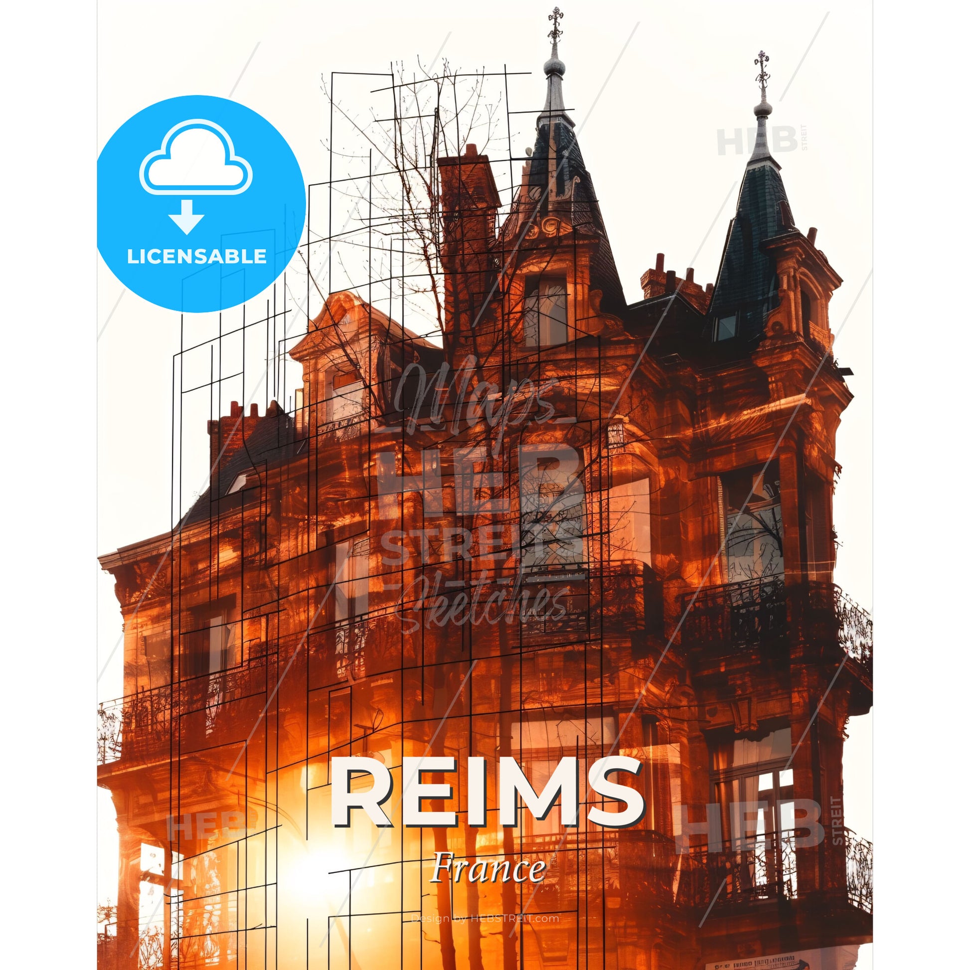 Reims Skyline Double Exposure Silhouette Art on Beige - A building with a reflection of the sun - Square format print template