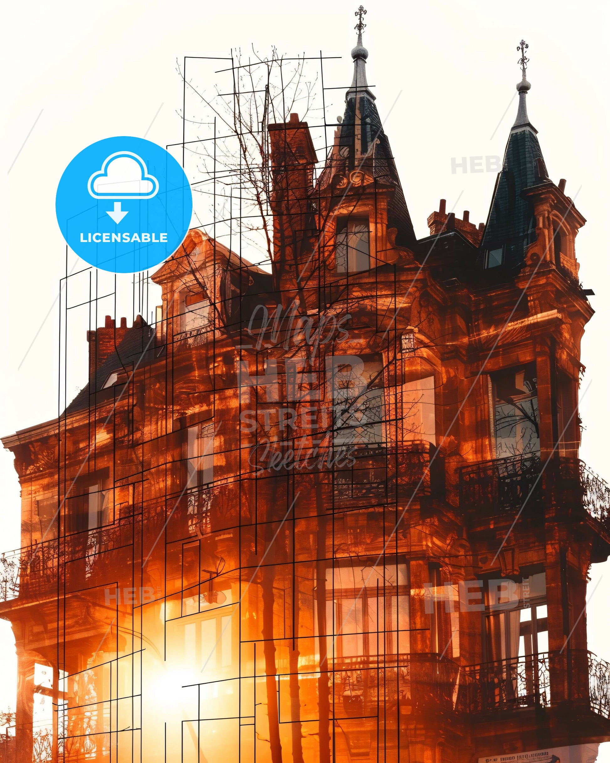 Reims Skyline Double Exposure Silhouette Art on Beige - A building with a reflection of the sun