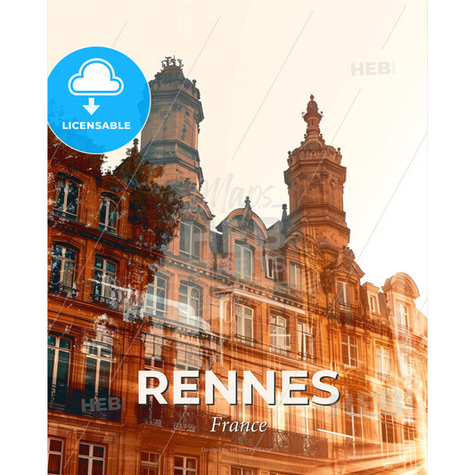 Rennes Skyline Double Exposure Art Bright Beige - Gutenberg Museum with towers and trees - Square format print template
