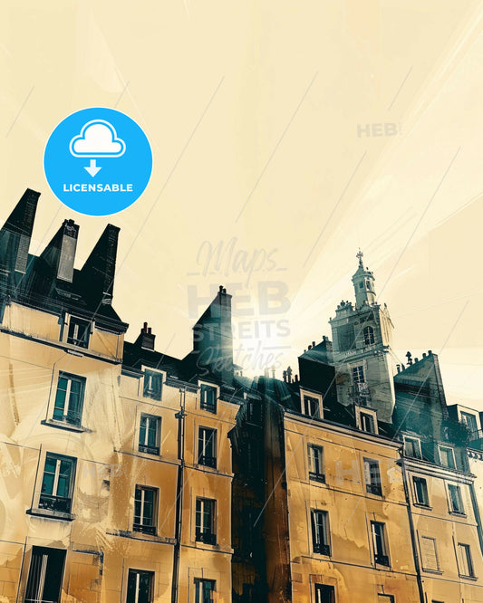 Rennes, France: Iconic Skyline Silhouette Poster - A building with a tower and a clock tower