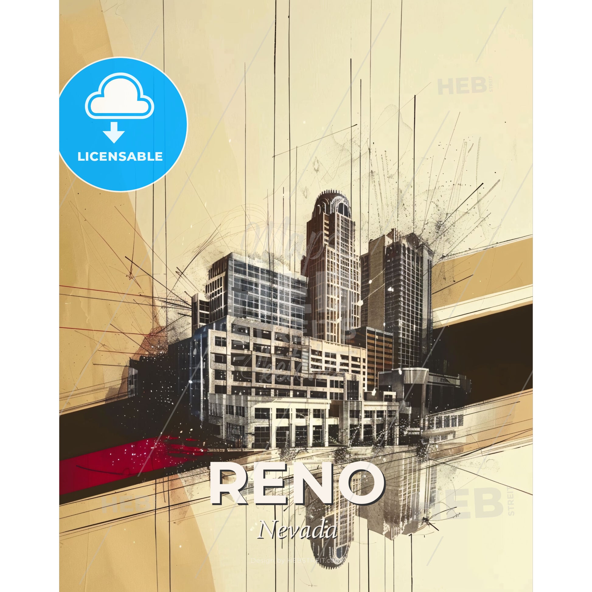 Reno City Skyline Double Exposure Poster Art - A drawing of a building - Square format print template