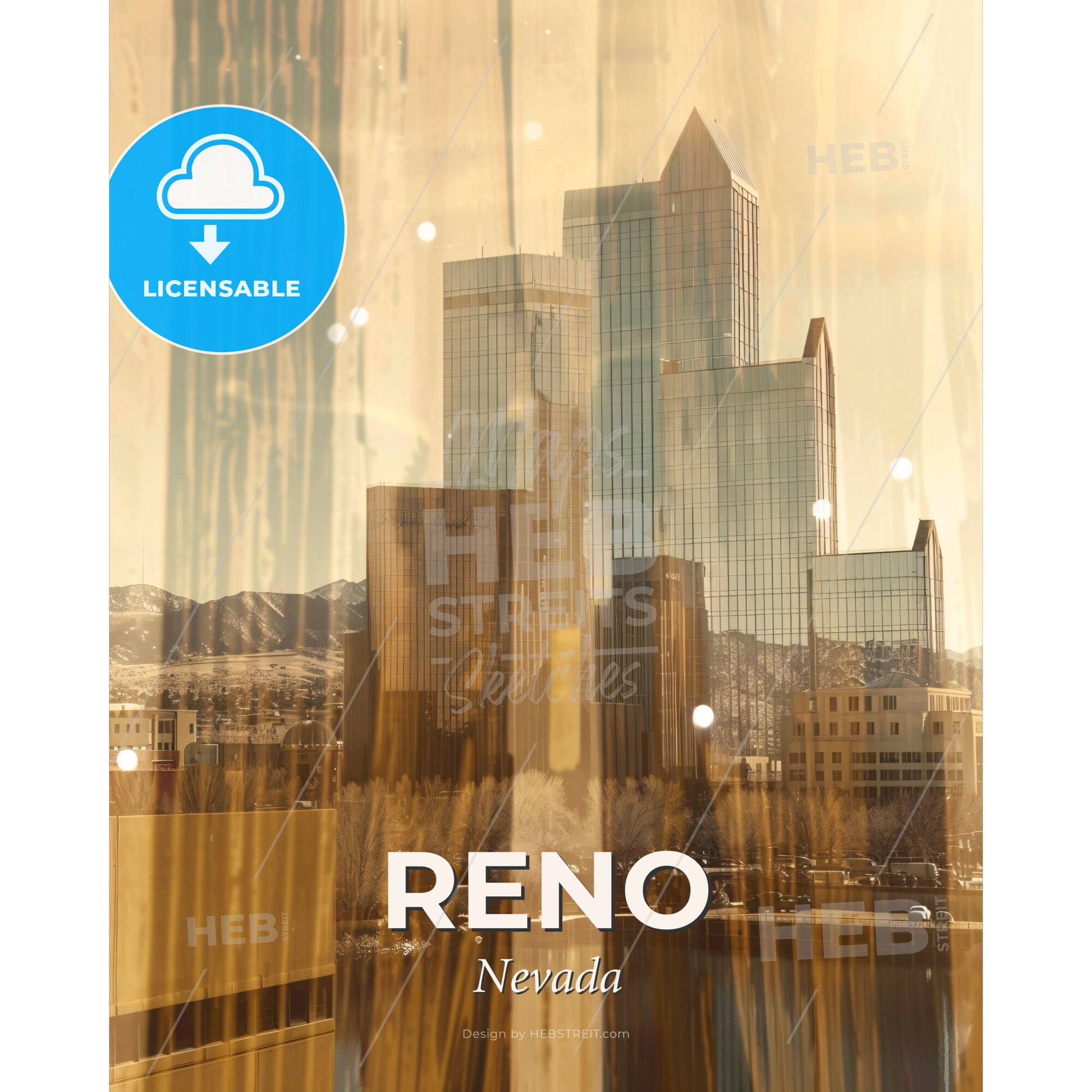 Reno City Lights Skyline Composite Art Poster - A city with tall buildings and trees - Square format print template
