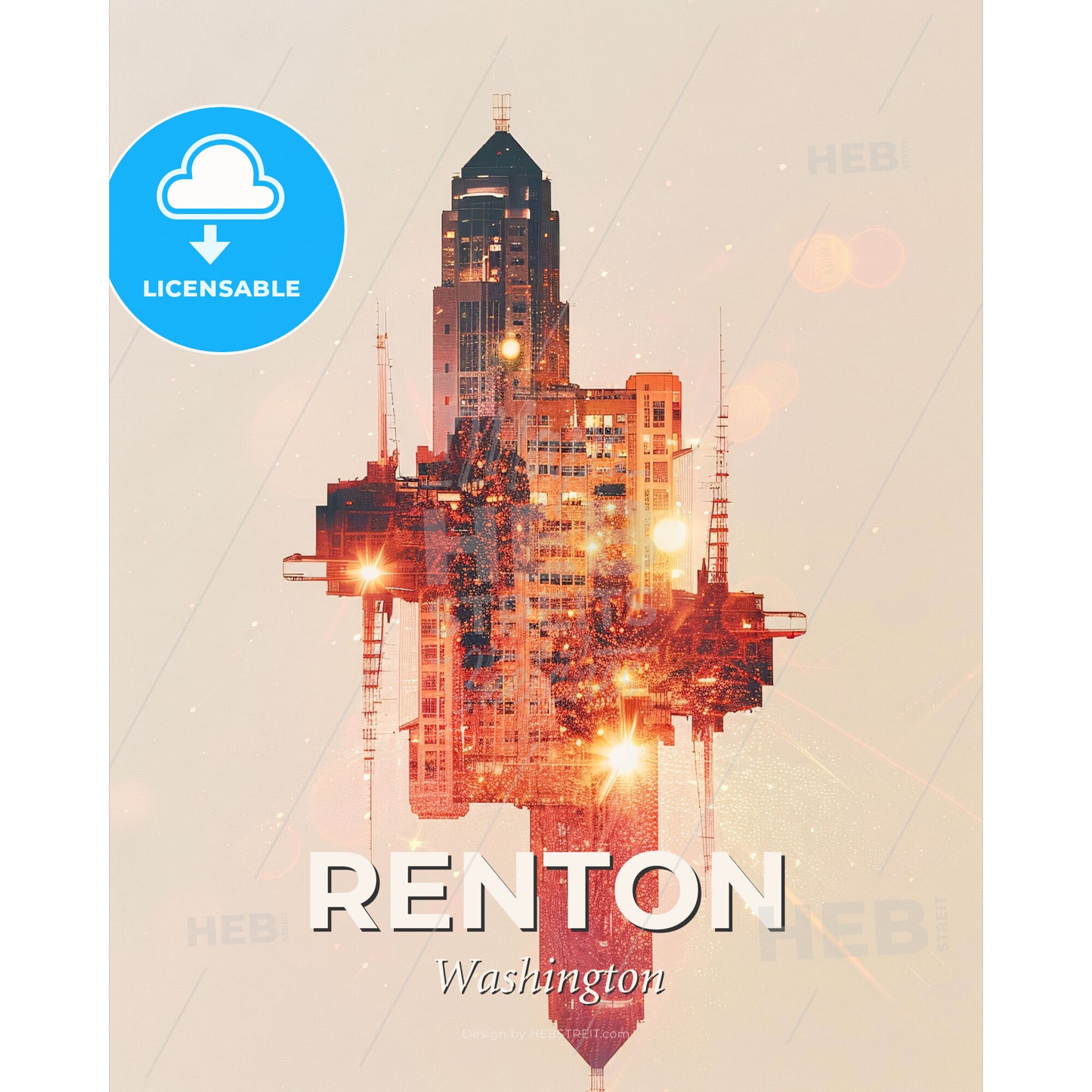 Renton City Skyline Composite Beige Poster Art - A tall building with many windows - Square format print template