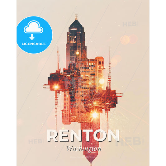Renton City Skyline Composite Beige Poster Art - A tall building with many windows - Square format print template