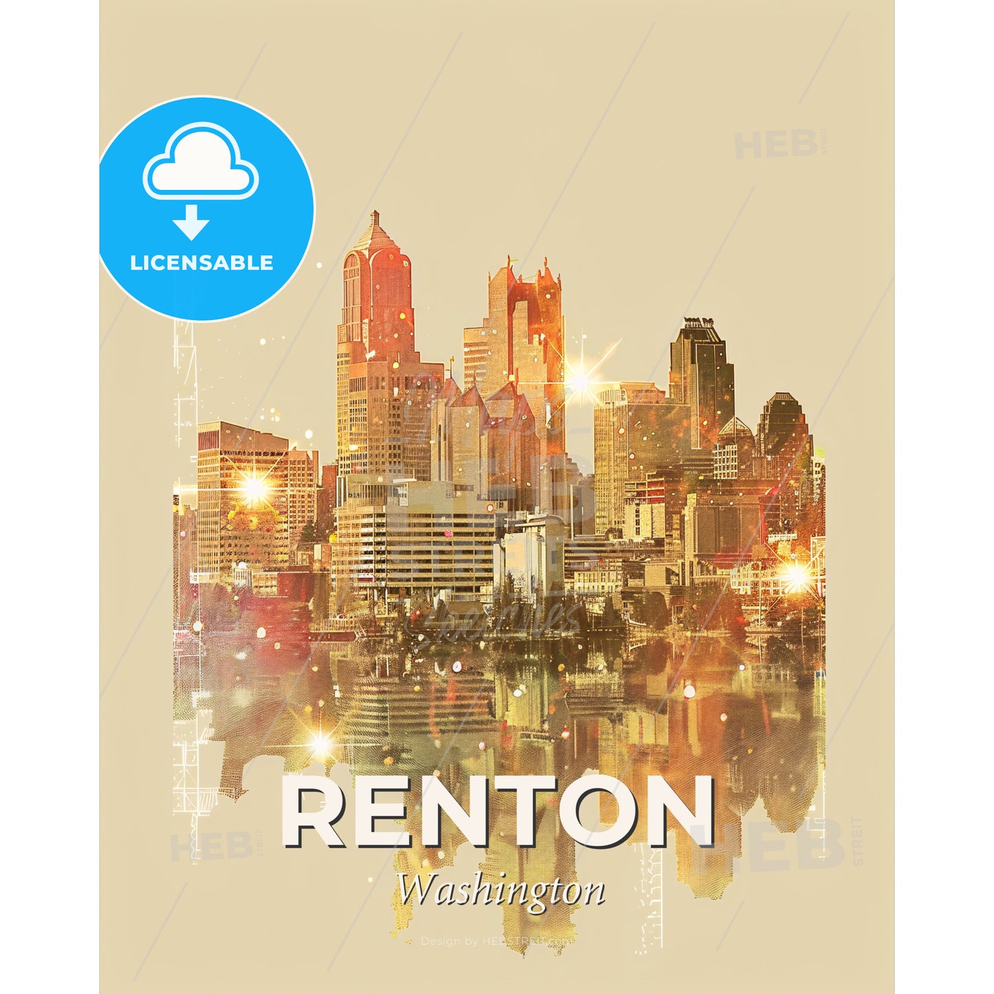Renton Skyline Art: Iconic Cityscape Panorama - A city skyline with lights reflecting on water - Square format print template