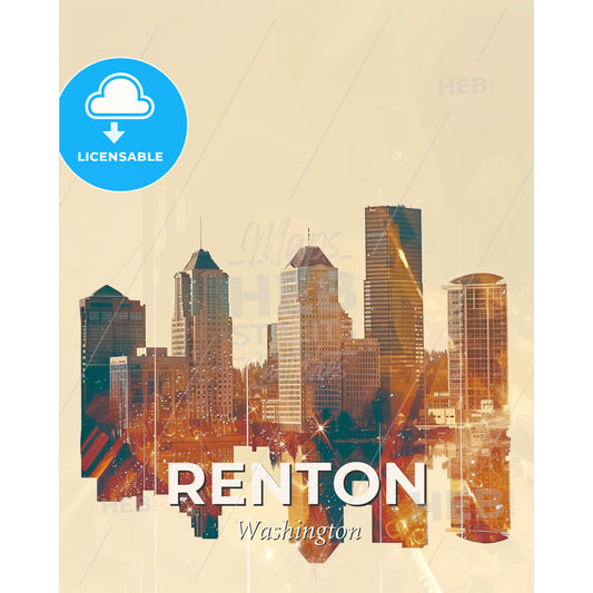 Renton: Skyline Icons Composite Double Exposure Skyline Art Poster - A city skyline with many tall buildings - Square format print template