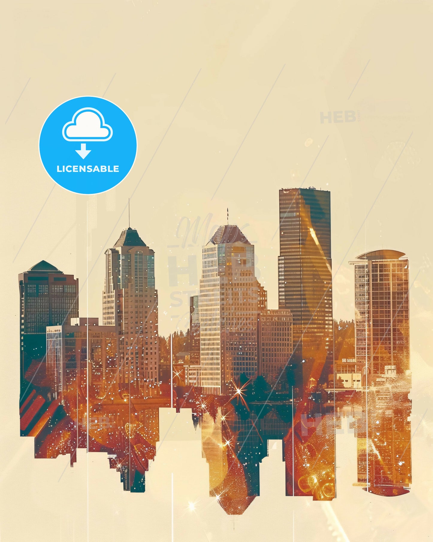 Renton: Skyline Icons Composite Double Exposure Skyline Art Poster - A city skyline with many tall buildings