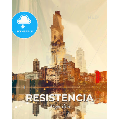 Resistencia City Double Exposure Sparkle Skyline Art - A city with a tall tower - Square format print template
