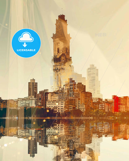 Resistencia City Double Exposure Sparkle Skyline Art - A city with a tall tower