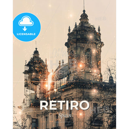 Retiro Spain Double Exposure Art City Skyline Poster - A building with a tower - Square format print template