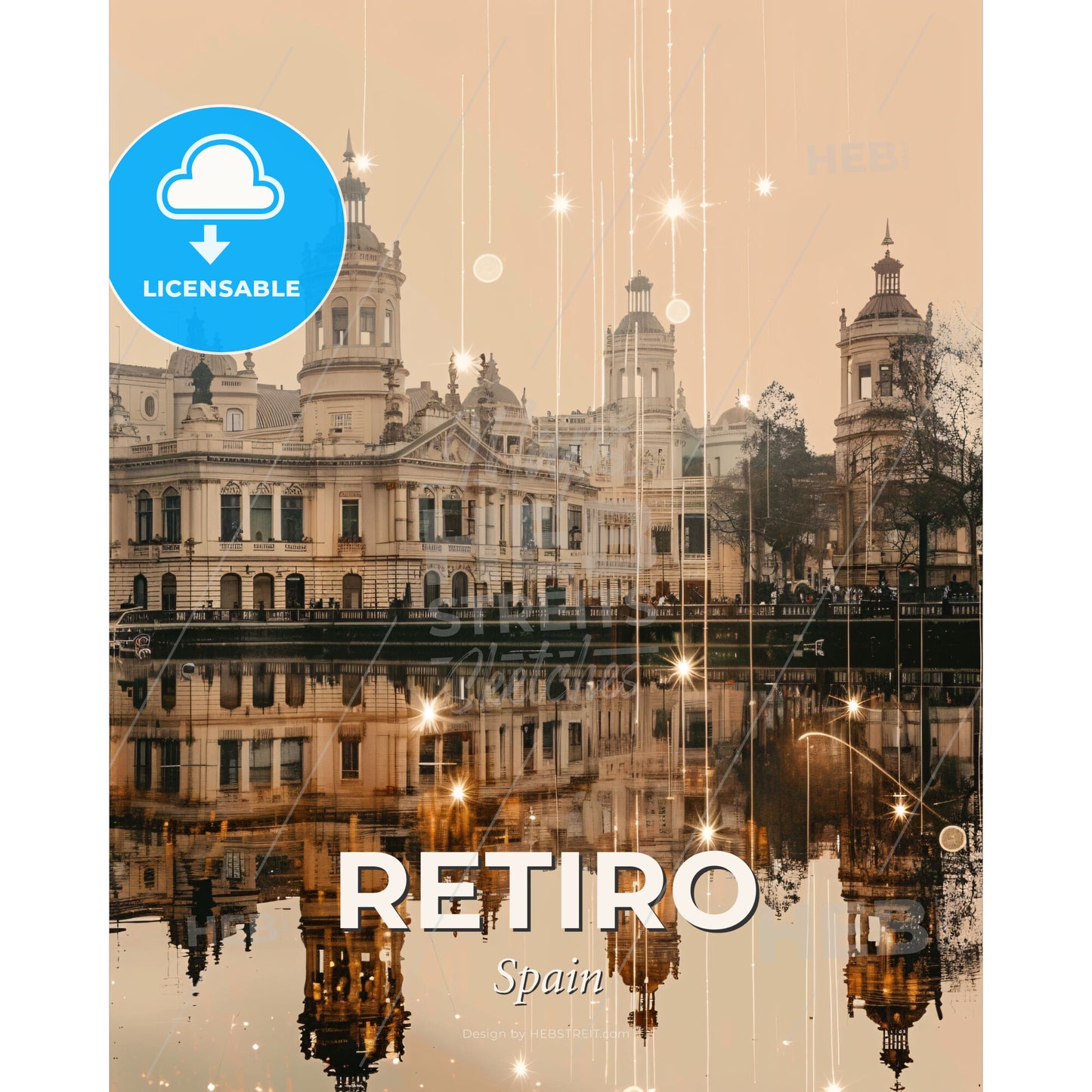 Retiro Cityscape Double Exposure - A building with towers and a body of water - Square format print template