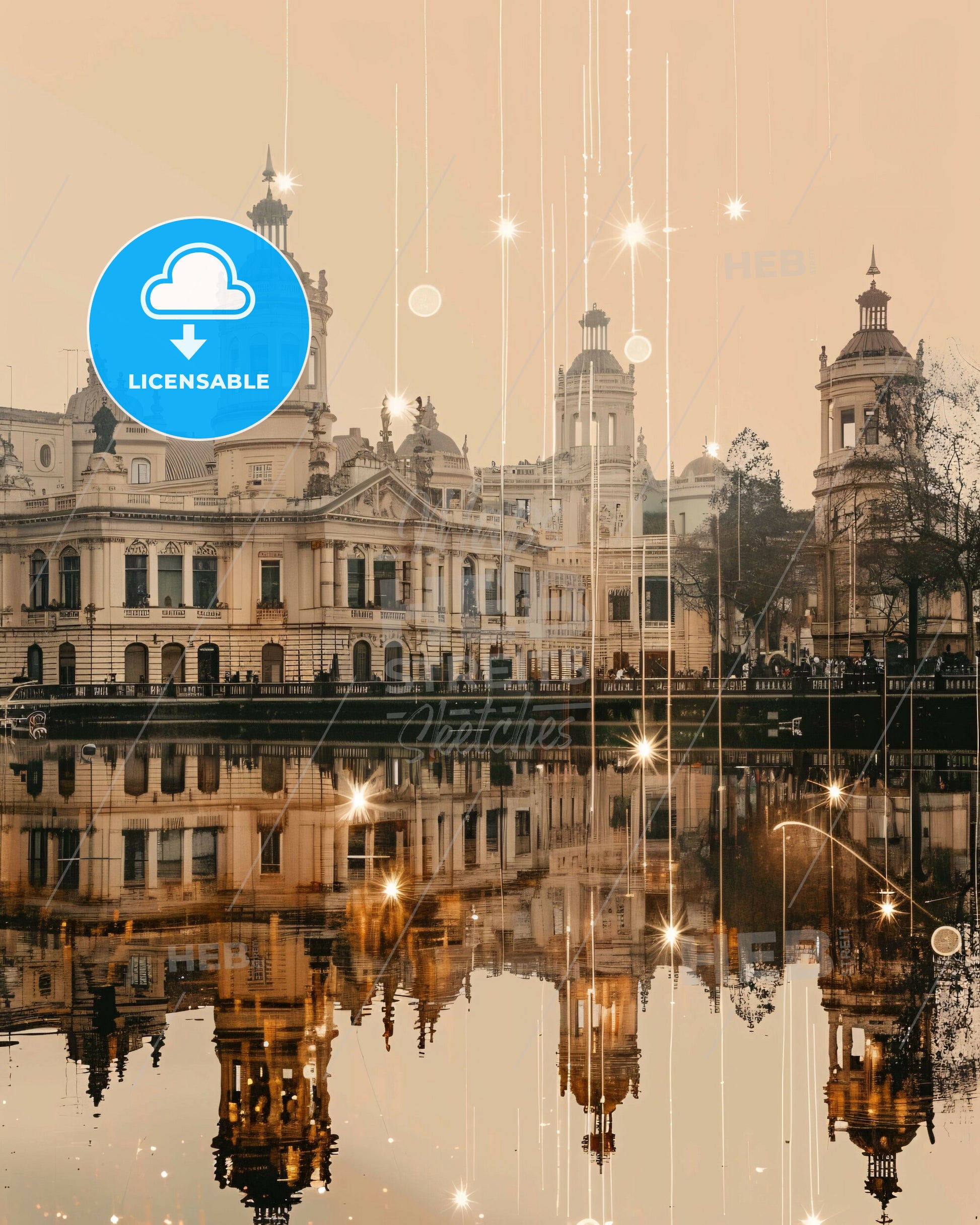 Retiro Cityscape Double Exposure - A building with towers and a body of water