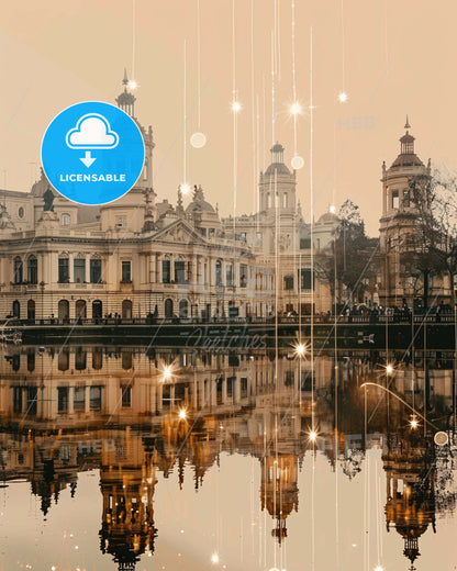 Retiro Cityscape Double Exposure - A building with towers and a body of water