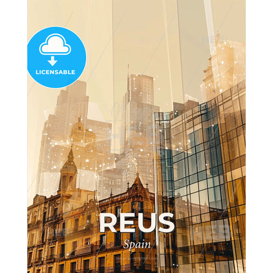 Reus City Skyline Bright Beige Paper Poster Art - A city skyline reflected in a glass wall - Square format print template