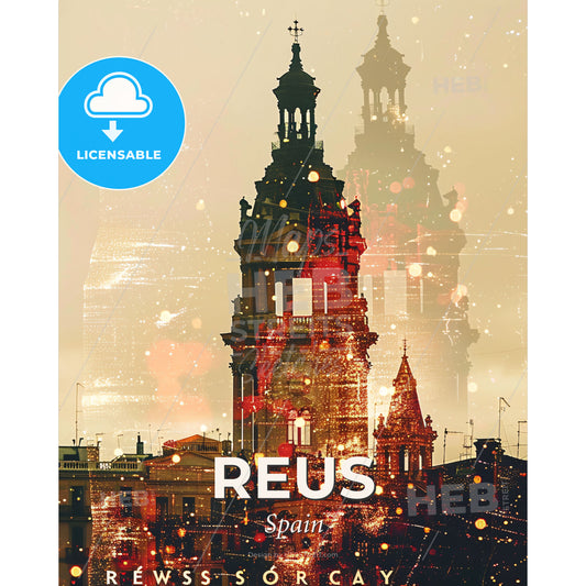 Reus Skyline - Double Exposure City Art on Beige - A large building with towers and spires - Square format print template