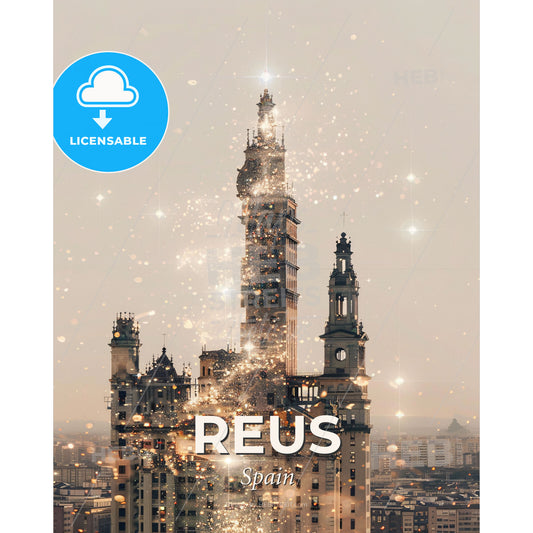 Reus: Colorful Spanish City Panorama - A building with a tower and many lights - Square format print template