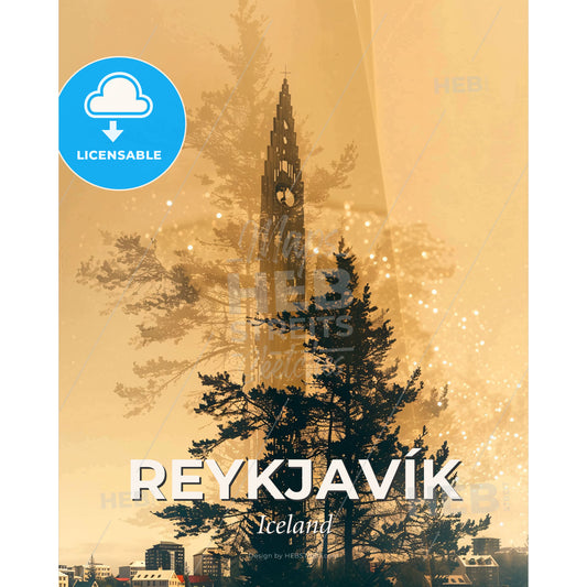 Reykjavík Skyline Silhouette Double Exposure Poster - A tall tower with a cross and a tree - Square format print template