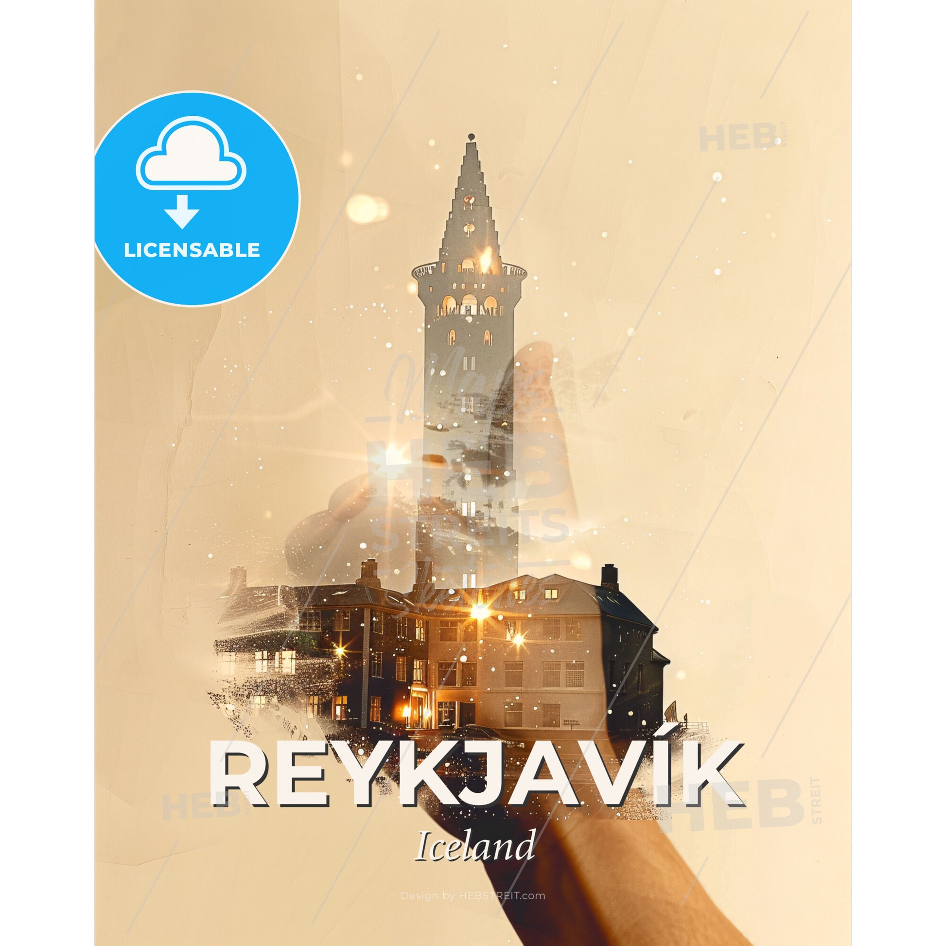 Reykjavík Skyline Composite Art Poster - A hand holding a tower and buildings - Square format print template