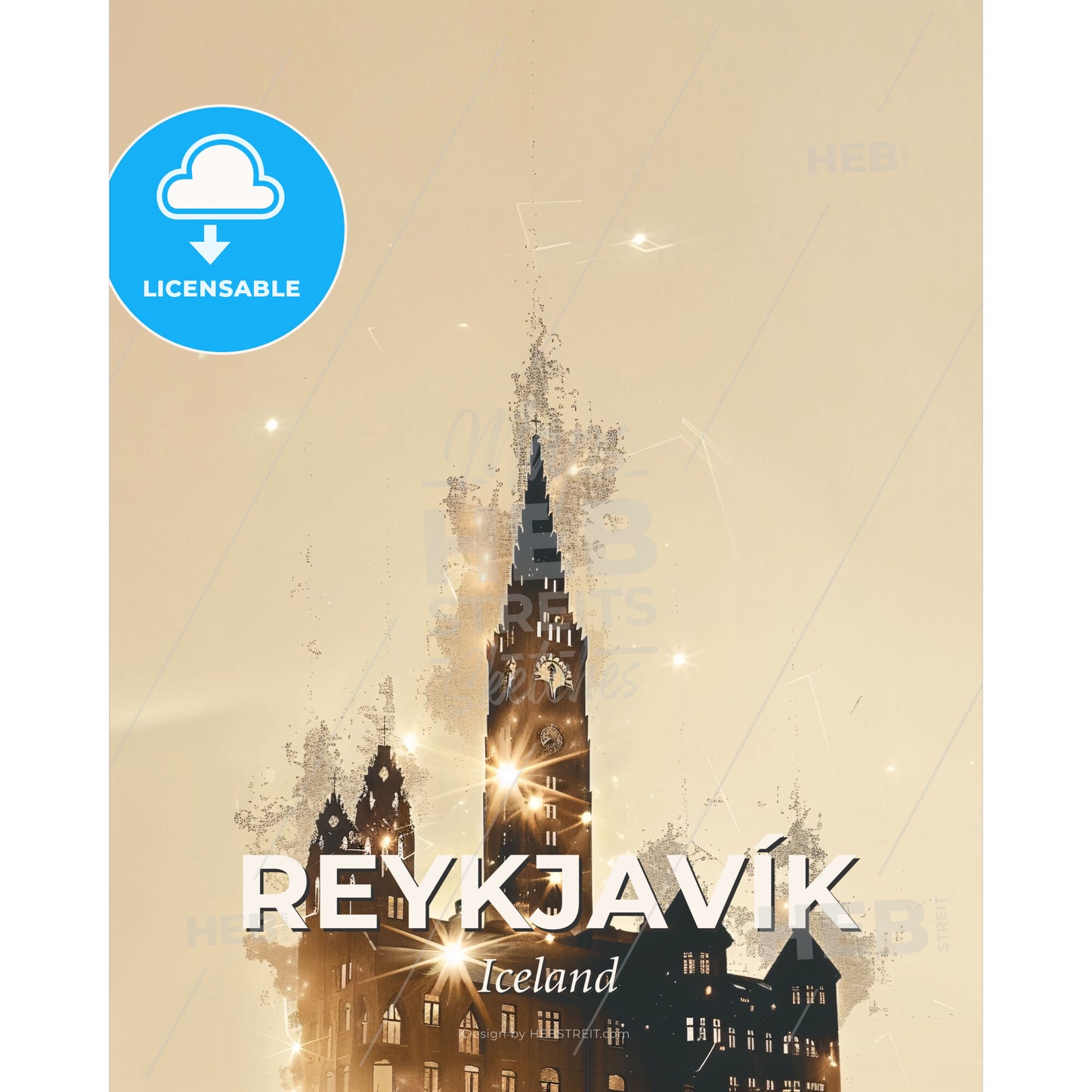 Reykjavík: City Silhouette in Double Exposure - A silhouette of a building with a clock tower - Square format print template