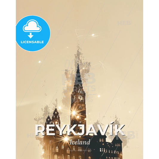 Reykjavík: City Silhouette in Double Exposure - A silhouette of a building with a clock tower - Square format print template