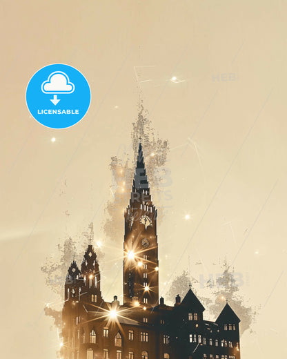 Reykjavík: City Silhouette in Double Exposure - A silhouette of a building with a clock tower