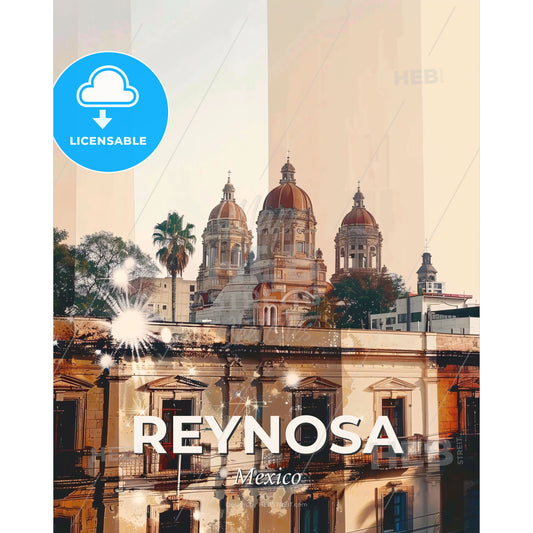 Reynosa Cityscape Double Exposure Skyline Poster Art - A building with domes and trees - Square format print template