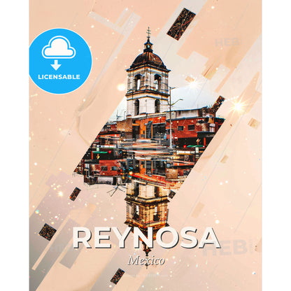 Reynosa City: Local Icons Double Exposure Art - A building with a bell tower - Square format print template