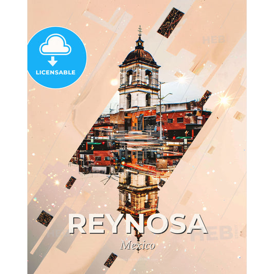 Reynosa City: Local Icons Double Exposure Art - A building with a bell tower - Square format print template