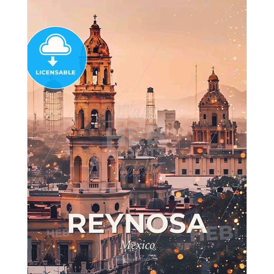 Reynosa City Double Exposure Poster Art - A city with tall buildings and a tower - Square format print template
