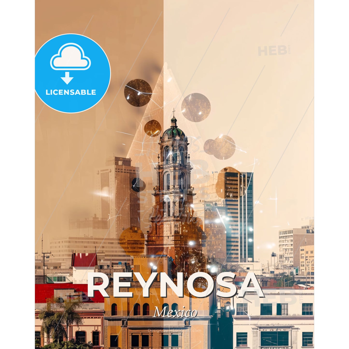 Reynosa City Gems Skyline Composite Art - A city with a tower - Square format print template